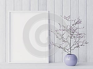 Mockup poster frame close up in coastal style interior with purple flower vase,