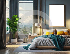 Mockup poster frame close up in interior background,bedroom decoration poster.clipping path