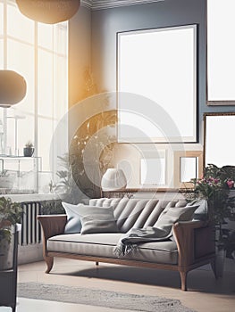 Mockup poster frame close up in interior background, living room decoration poster.clipping path