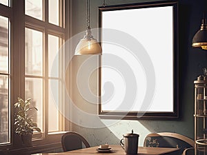 Mockup poster frame close up in interior background,vintage coffee shop decoration poster.clipping path