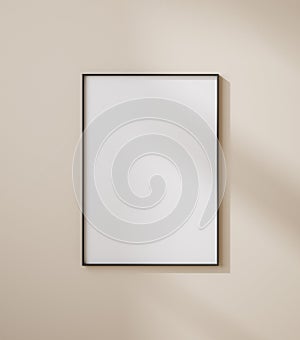 Mockup poster frame close up on wall painted pastel beige color