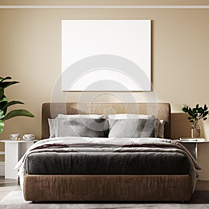 mockup poster frame in hipster bedroom interior background, Scandinavian style, 3D render, 3D illustration