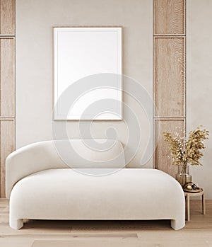 Mockup poster frame in home interior background, living room in Scandi Boho style, 3d render