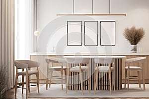 Mockup poster frame in a luxurious living space with kitchen and dining room. created with Generative AI
