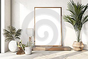 Mockup poster frame in minimalist modern interior living room, Blank photo frame mock up, generated ai