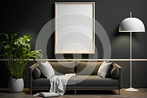 Mockup poster frame in modern living room interior design with dark empty wall