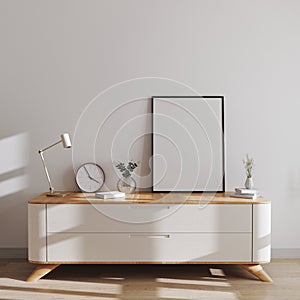 Mockup poster frame in modern scandinavian style interior on minimalistic chest of drawers with decor. Poster or picture frame