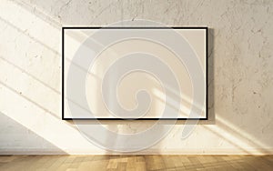 Mockup poster frame. room with window shadow and frame on beige wall, overlay background. background with shadow on plaster wall.