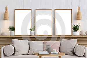 Mockup poster frame set in minimalist modern interior living room, 3 Blank photo frame mockup, generated ai