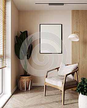 Mockup poster frame on the wall, armchair in Scandinavian Livingroom, 3d rendering, 3d illustration