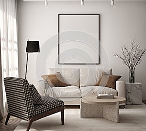Mockup poster frame on the wall of living room. 3D render, 3D illustration.