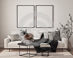 Mockup poster frame on the wall of living room. 3D render, 3D illustration.