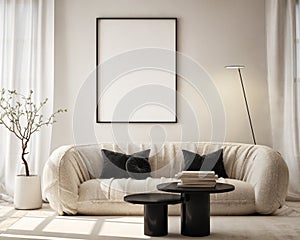 Mockup poster frame on the wall of living room. Modern interior design. 3D render, 3D illustration.