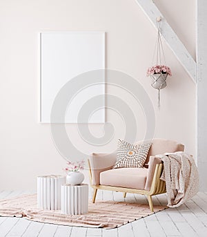 Mockup poster frame in warm vintage interior background