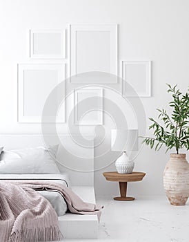 Mockup poster frame in white cozy bedroom interior, Scandinavian style