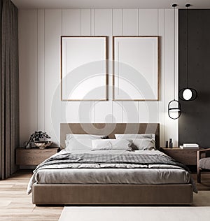 Mockup poster frames in modern bedroom interior, 3d render
