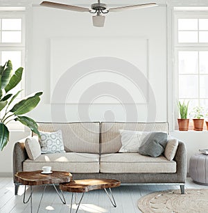 Mockup poster in hipster living room interior