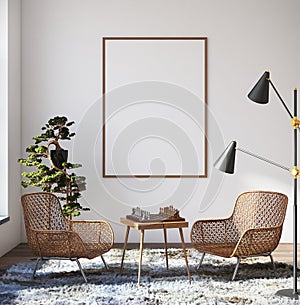 Mockup poster in hipster living room interior