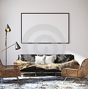 Mockup poster in hipster living room interior