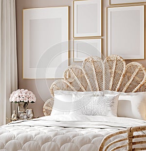 Mockup poster in luxury feminine bedroom