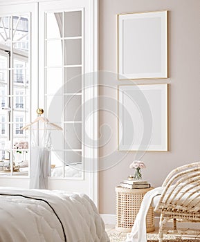 Mockup poster in luxury feminine bedroom