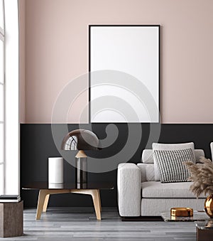 Mockup poster in minimalist modern living room interior background