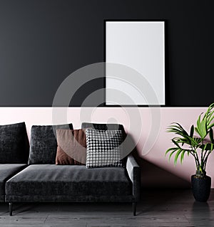 Mockup poster in minimalist modern living room interior background, 3D rendering