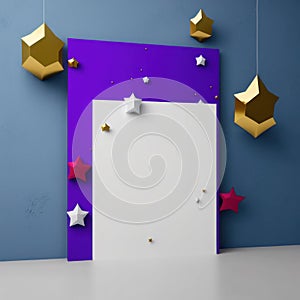 Mockup poster photo frame, purple clouds and gold stars, blue crystals and red cubes AI Generaion