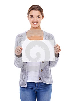 Mockup, poster or portrait of woman with sign, broadcast space or advertising promotion in studio on white background