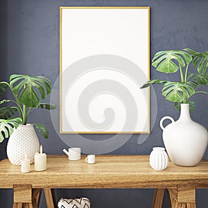 Mockup poster in the Scandinavian interior with a console table in lagom style. photo