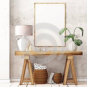 Mockup poster in the Scandinavian interior with a console table in lagom style. photo