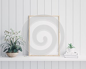 Mockup poster vertical frame close up in coastal style interior with flowers