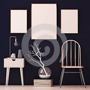 Mockup posters in the interior in copper frames on dark background. 3d