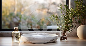 A mockup for product display with a marble tray, a perfume bottle with sprigs of greenery inside, and a potted plant, all placed