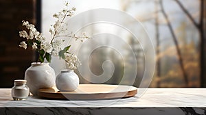 A mockup for product display with a wooden tray, and vases with flowers