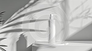 a mockup pump cosmetic bottle display, featuring a shiny handhold, with an emphasis on a clean, organic aesthetic, in a