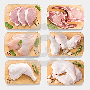 Mockup raw chicken and pork on cutting board set on isolated on