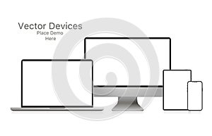 Mockup realistic device. Set of laptop, tablet, computer and phone. Vector