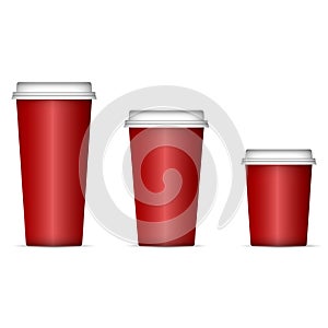 Mockup of red Paper cups for coffee or tea with lid. Realistic 3d vector illustration isolated on white