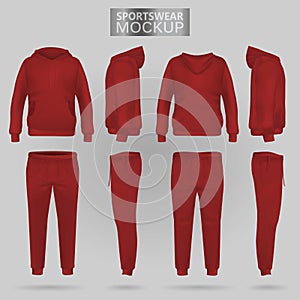 Mockup of the red sportswear hoodie and trousers in four dimensions