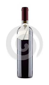 mockup of red wine bottle with paper label tags on neck isolated on white background