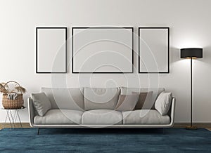 Mockup room with 3 empty frames, beige sofa, pillow, object, blue carpet, and black floor lamp. 3d rendering. 3d illustration