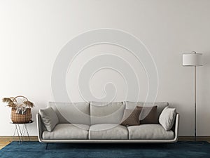 Mockup room with beige sofa, pillow, object, blue carpet, and black floor lamp. 3d rendering. 3d illustration