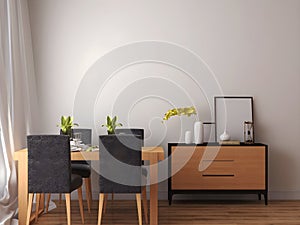 Mockup room in dining room interior with dining set, cabinet, and blank frame .3d rendering.