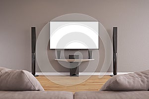 mockup of room with home theater system in beige modern room, minimal designs, zen style. 3d render