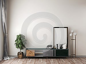 Mockup room with luxury cabinet, blank frame, objects, and plant