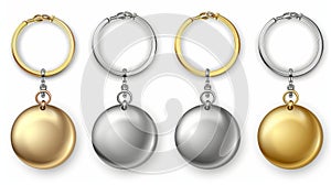 Mockup of round keychains made of gold, chrome, silver, or steel colored materials. Modern illustration with icons and