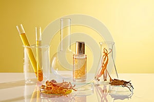 Mockup scene for advertising and branding cosmetic product extracted cordyceps and saffron.