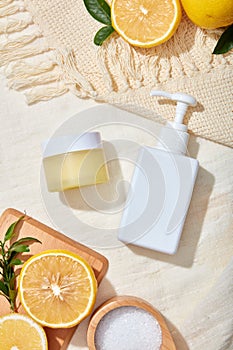 Mockup scene for advertising cosmetic, facial cleanser or cream of lemona extract