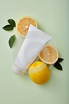 Mockup scene for advertising cosmetic, facial cleanser or cream of lemona extract